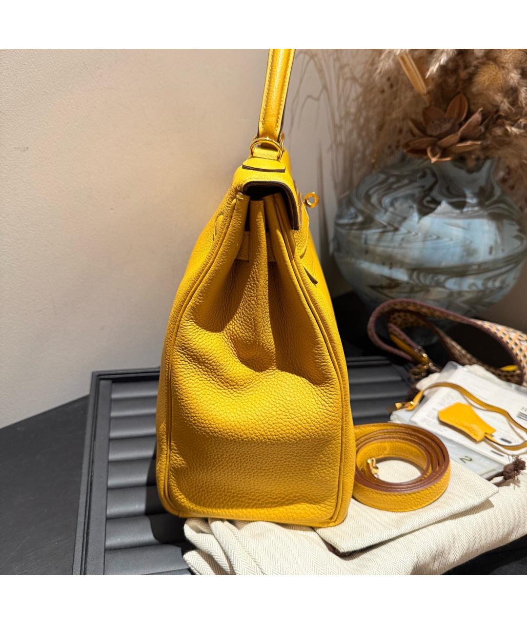 HERMES Желтая кожаная сумка с короткими ручками, фото 3