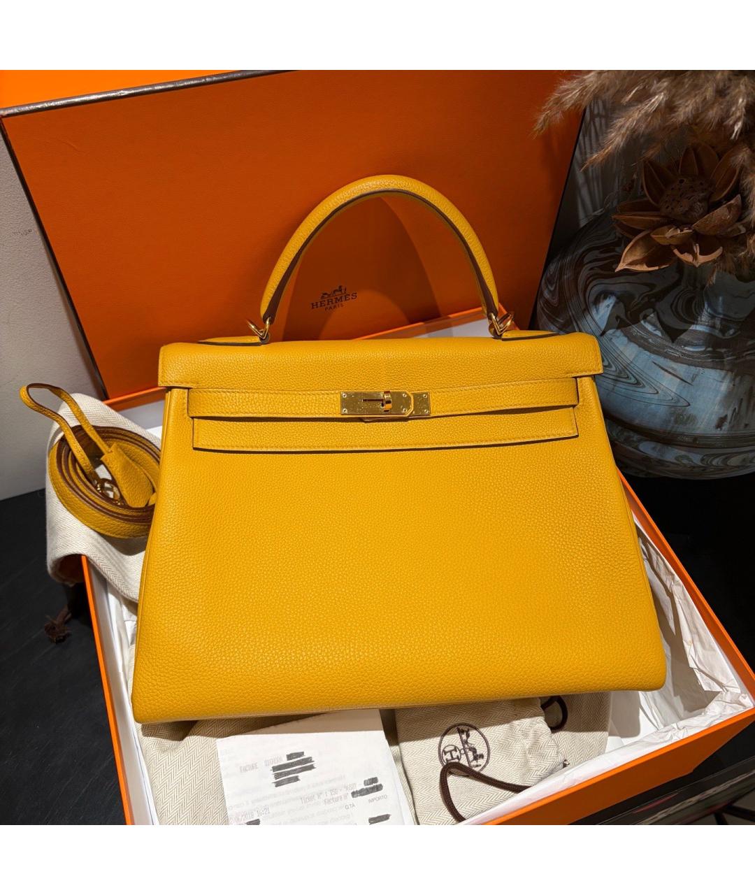 HERMES Желтая кожаная сумка с короткими ручками, фото 5