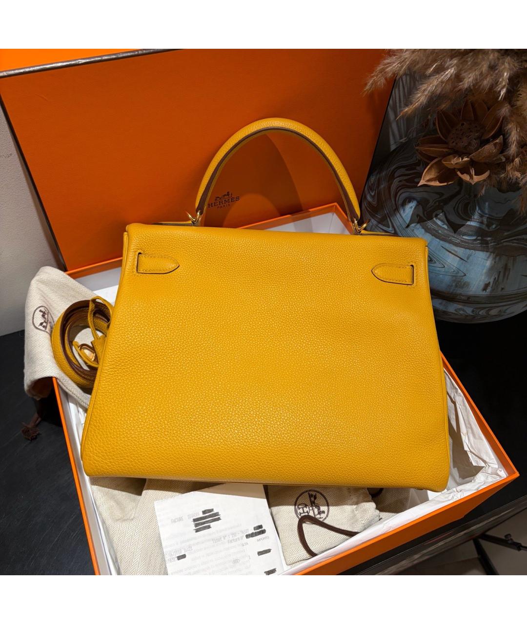 HERMES Желтая кожаная сумка с короткими ручками, фото 2