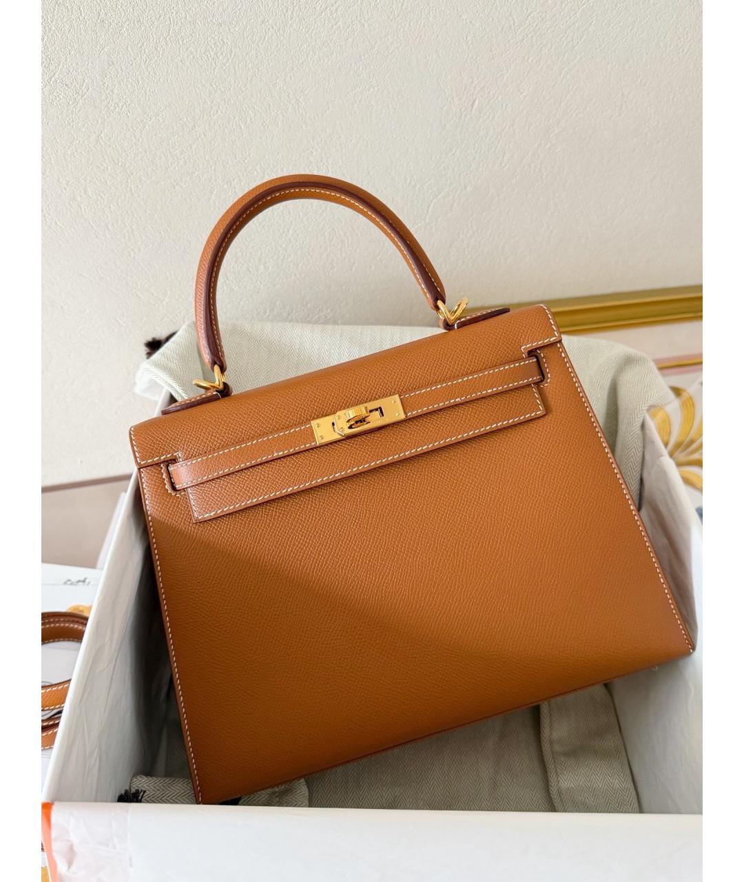 HERMES Коричневая кожаная сумка с короткими ручками, фото 3