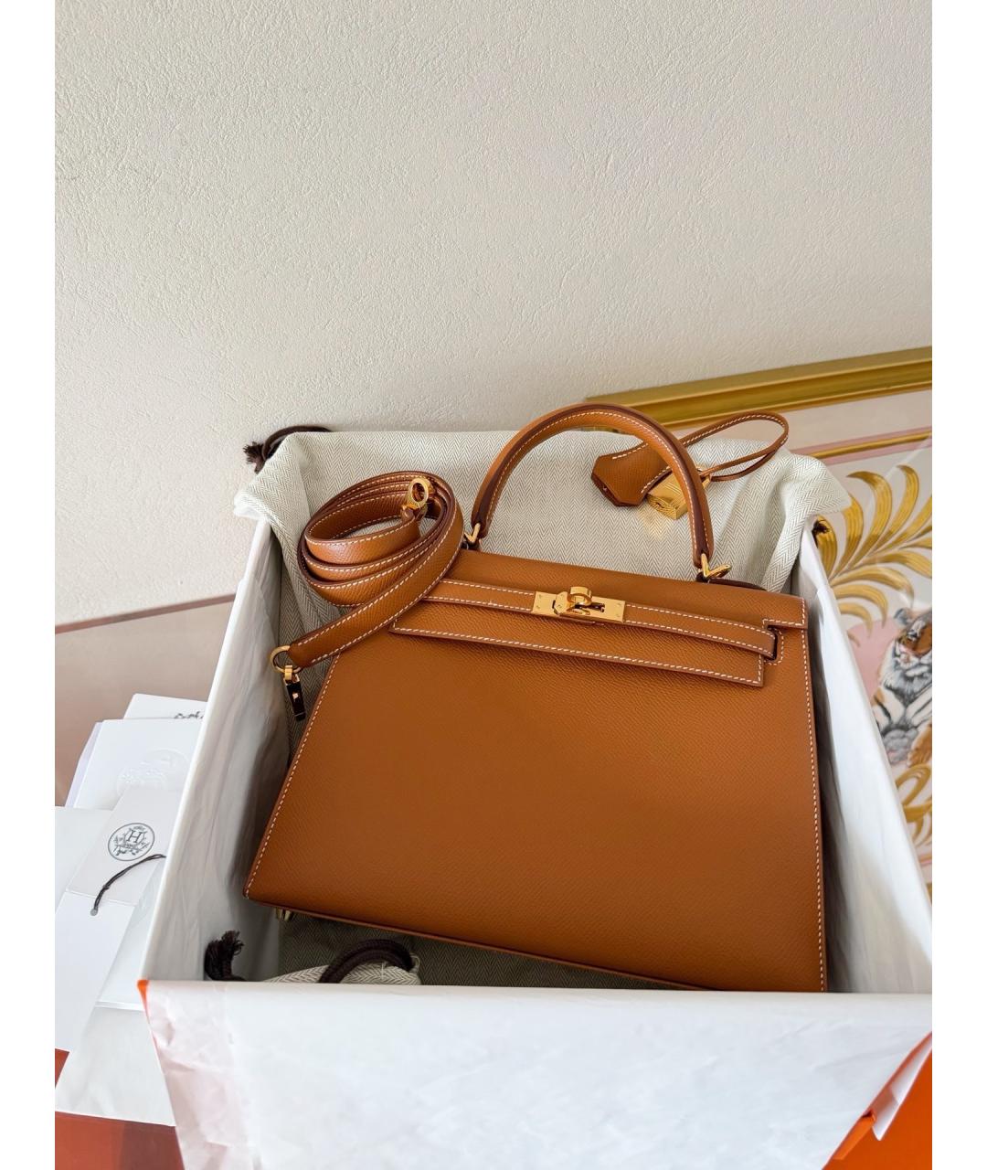 HERMES Коричневая кожаная сумка с короткими ручками, фото 9
