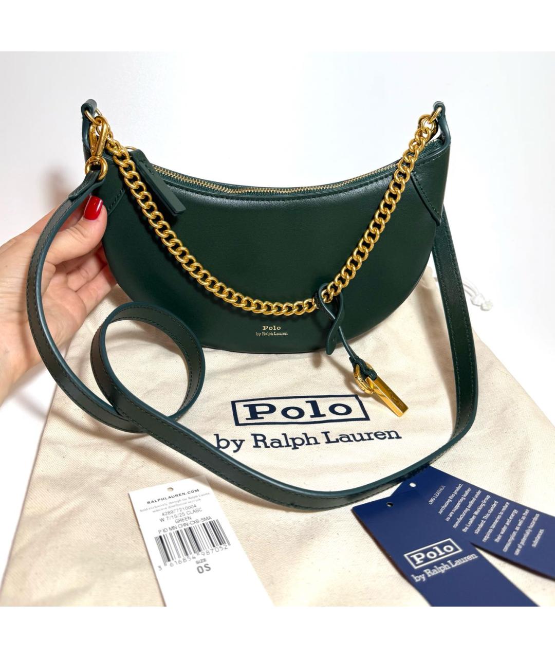 POLO RALPH LAUREN Зеленая кожаная сумка через плечо, фото 6