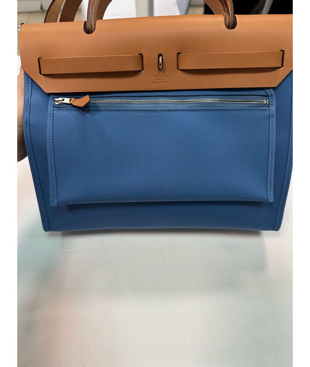 HERMES Голубая тканевая сумка с короткими ручками, фото 3