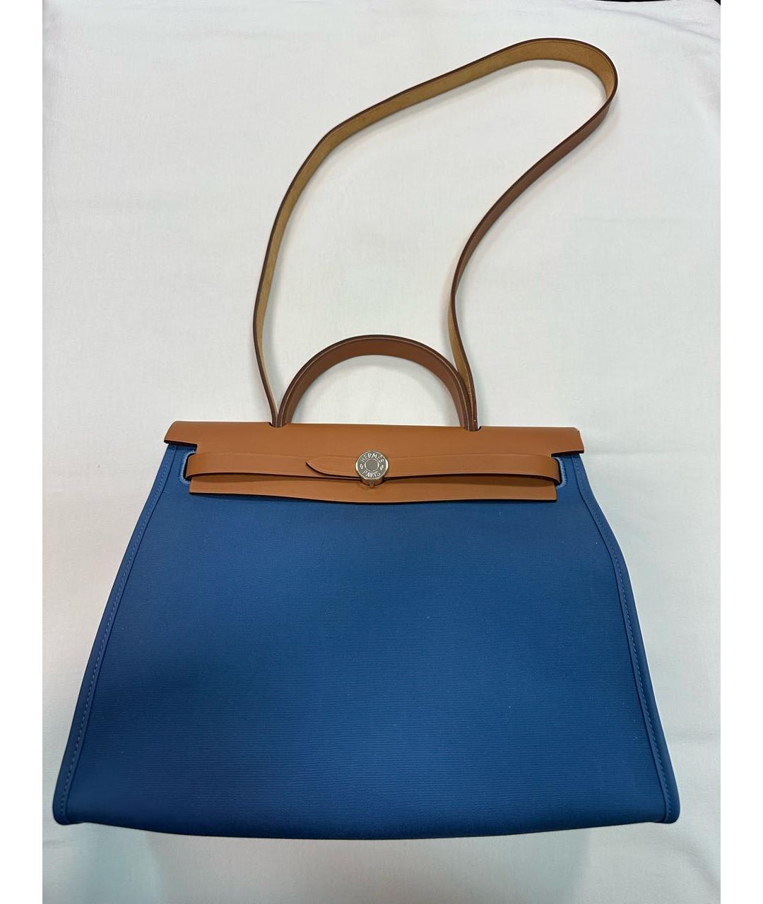 HERMES Голубая тканевая сумка с короткими ручками, фото 5
