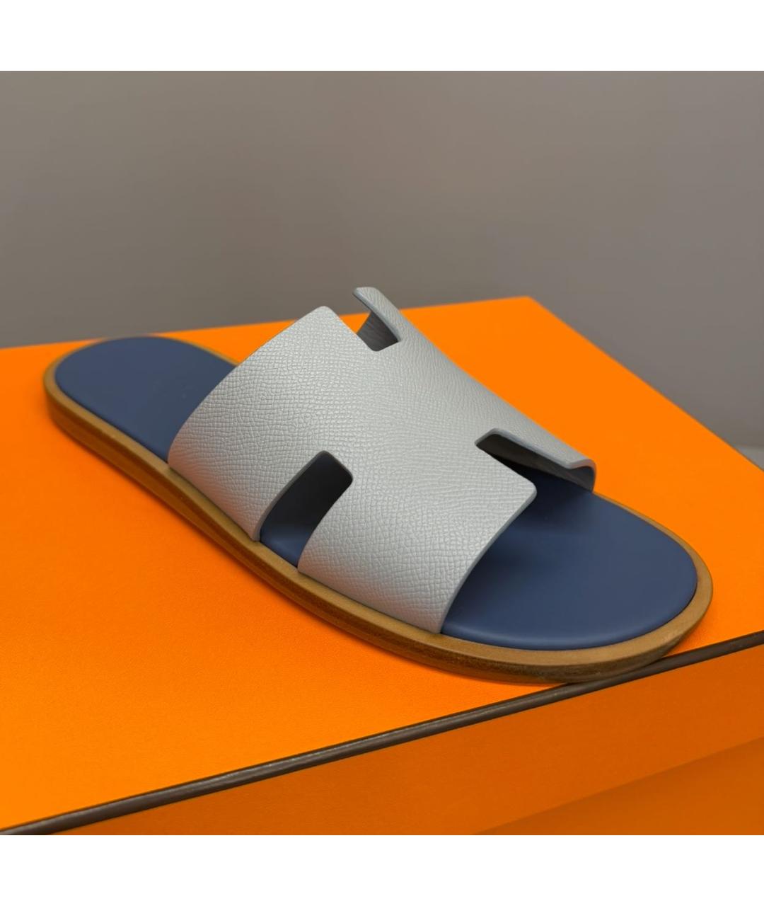 HERMES Голубые кожаные шлепанцы, фото 5