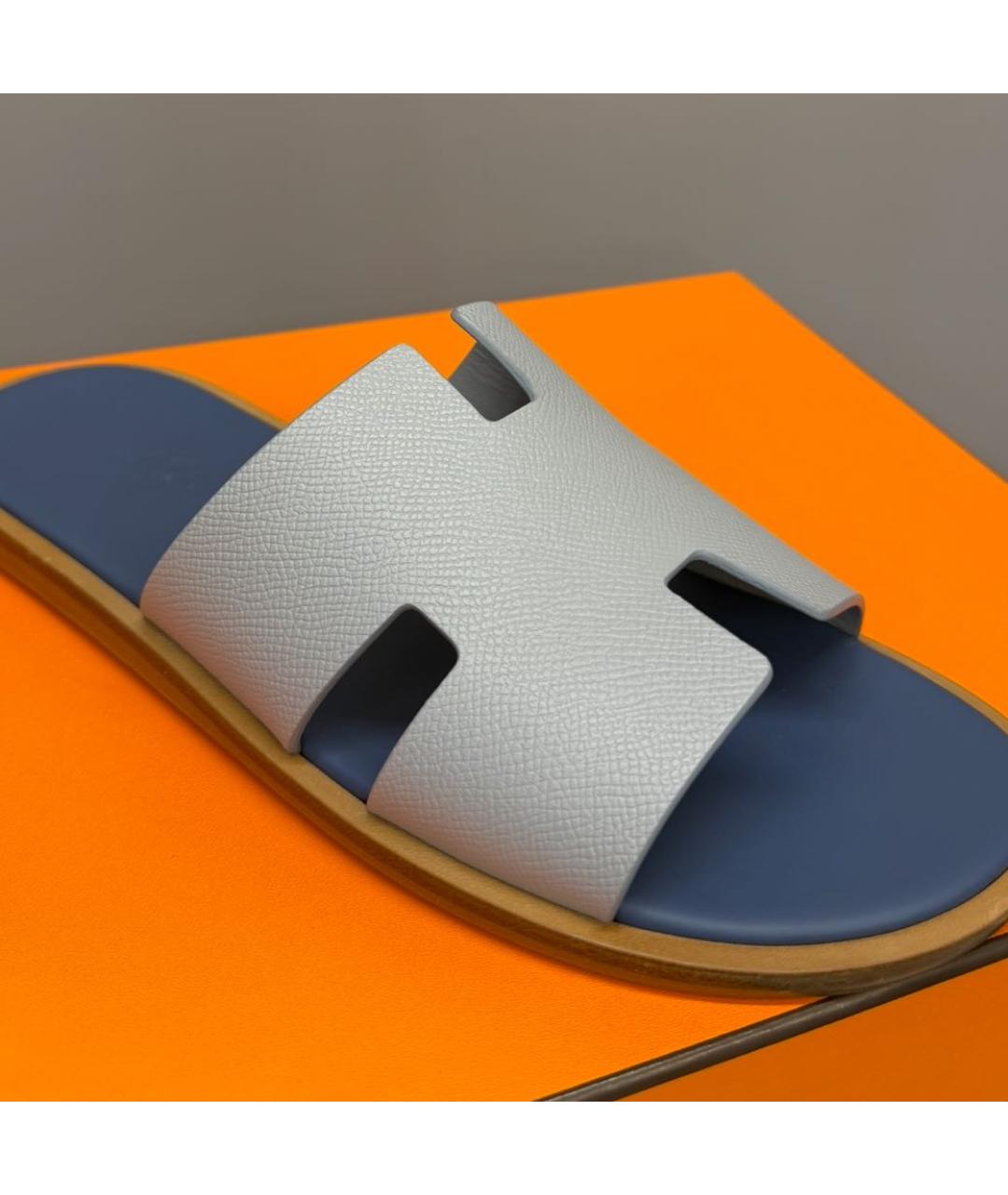 HERMES Голубые кожаные шлепанцы, фото 2
