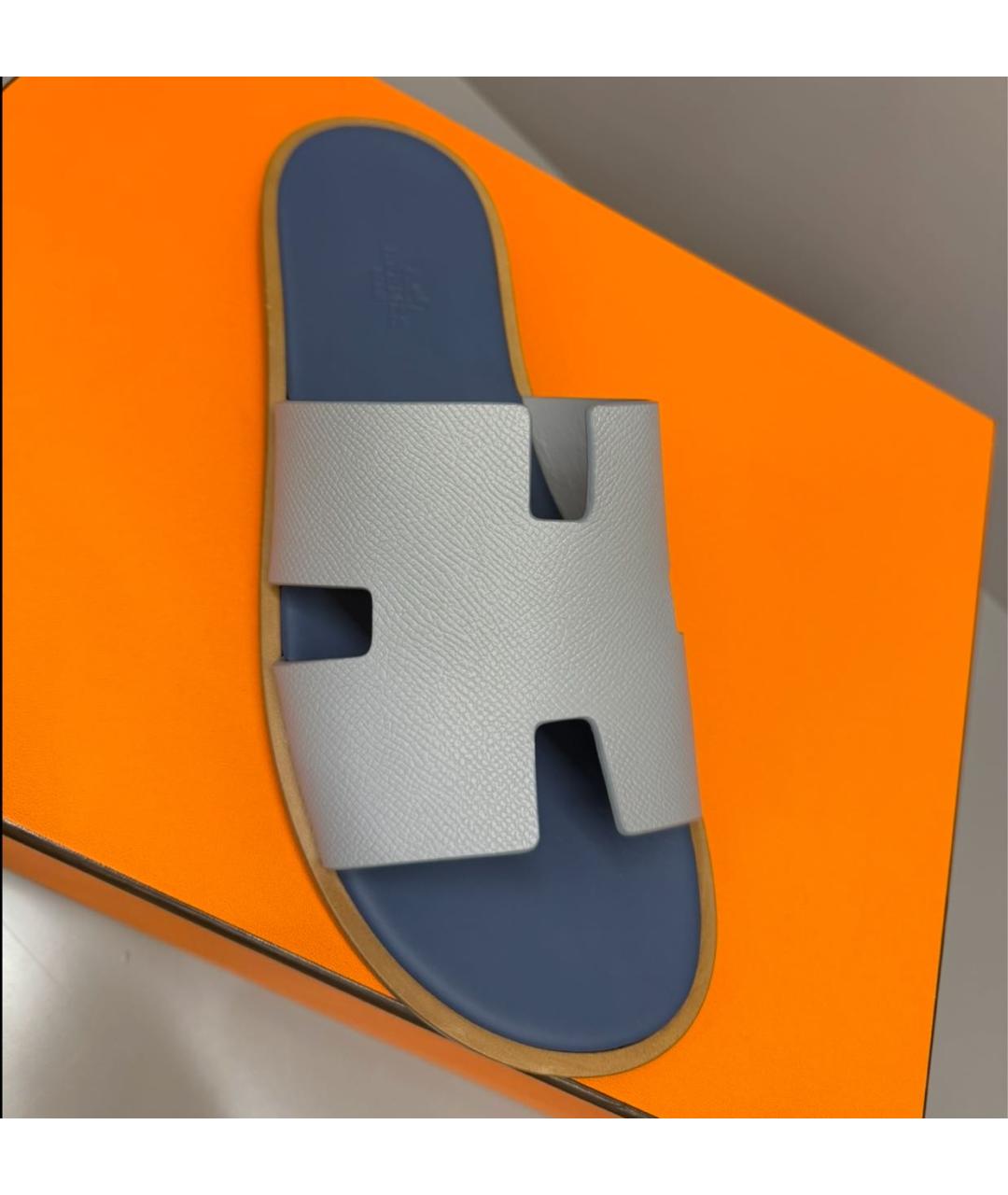 HERMES Голубые кожаные шлепанцы, фото 3