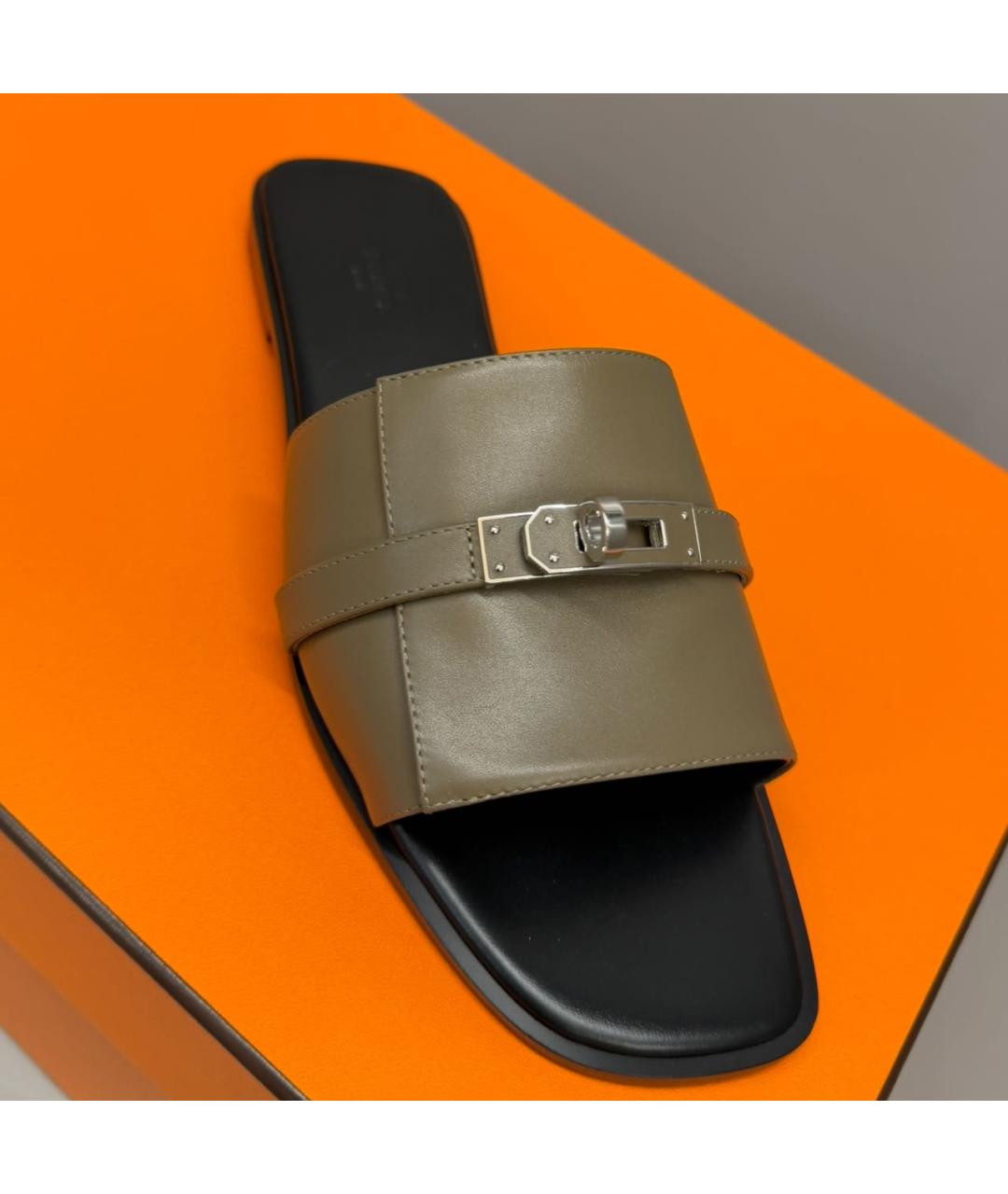 HERMES Хаки кожаные шлепанцы, фото 4