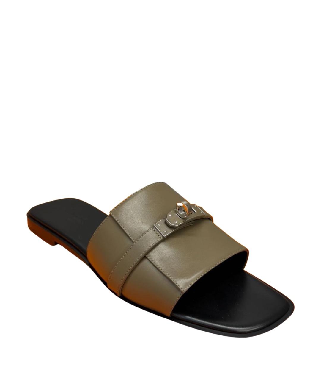 HERMES Хаки кожаные шлепанцы, фото 1