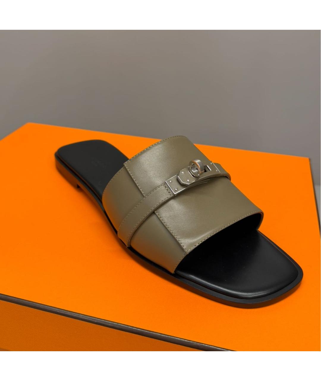 HERMES Хаки кожаные шлепанцы, фото 2
