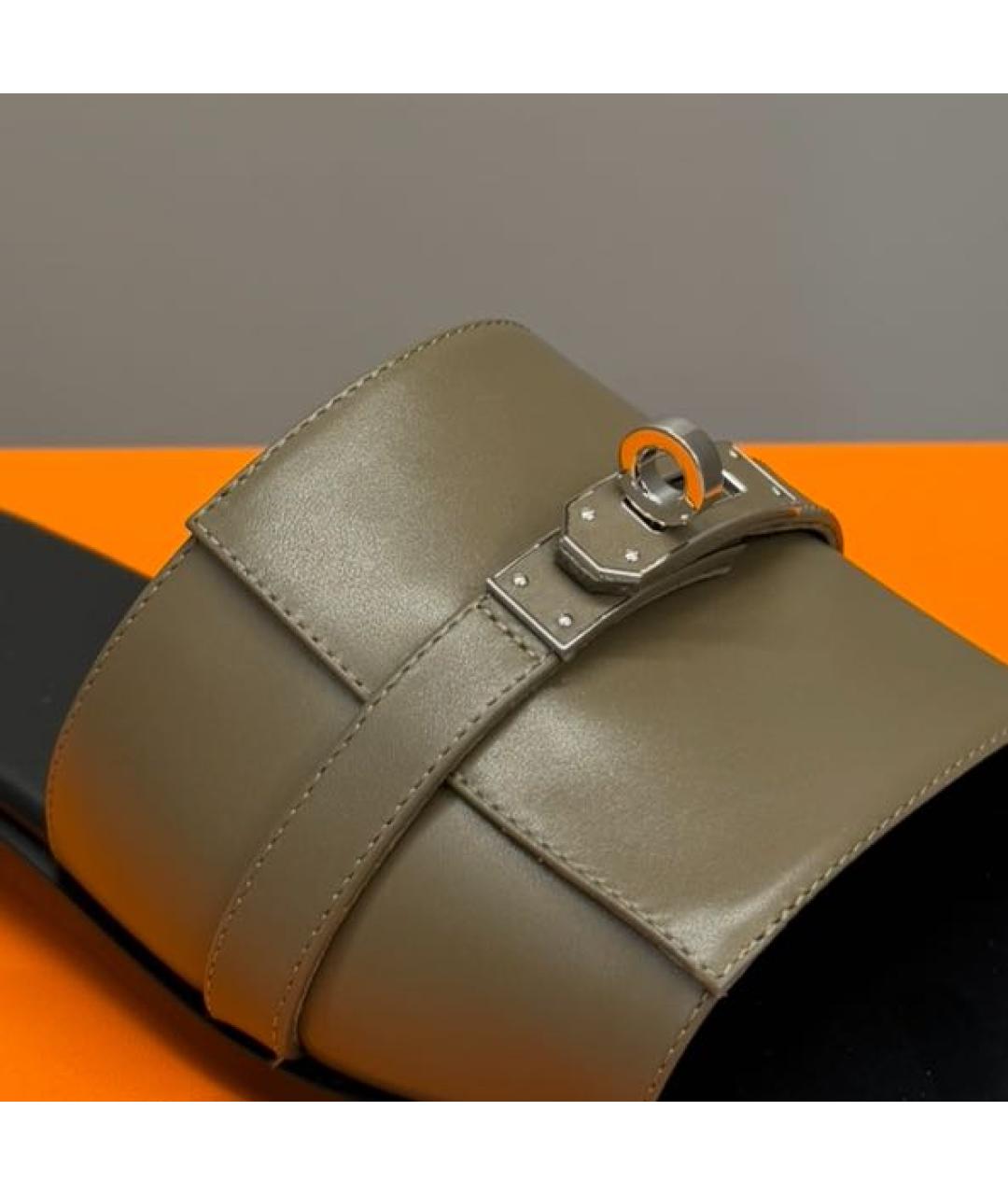 HERMES Хаки кожаные шлепанцы, фото 3