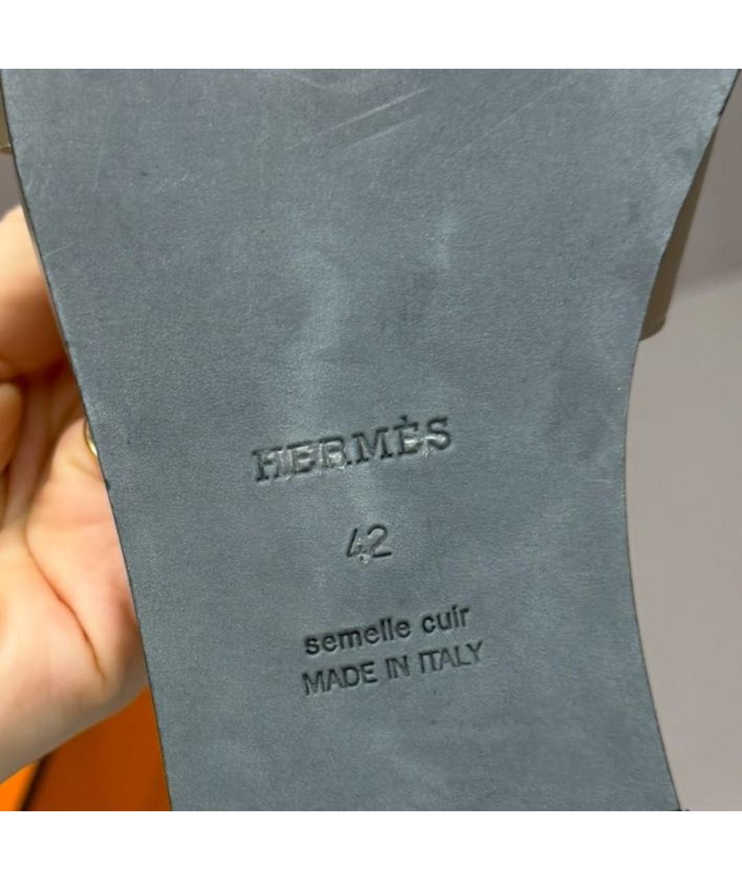 HERMES Хаки кожаные шлепанцы, фото 5