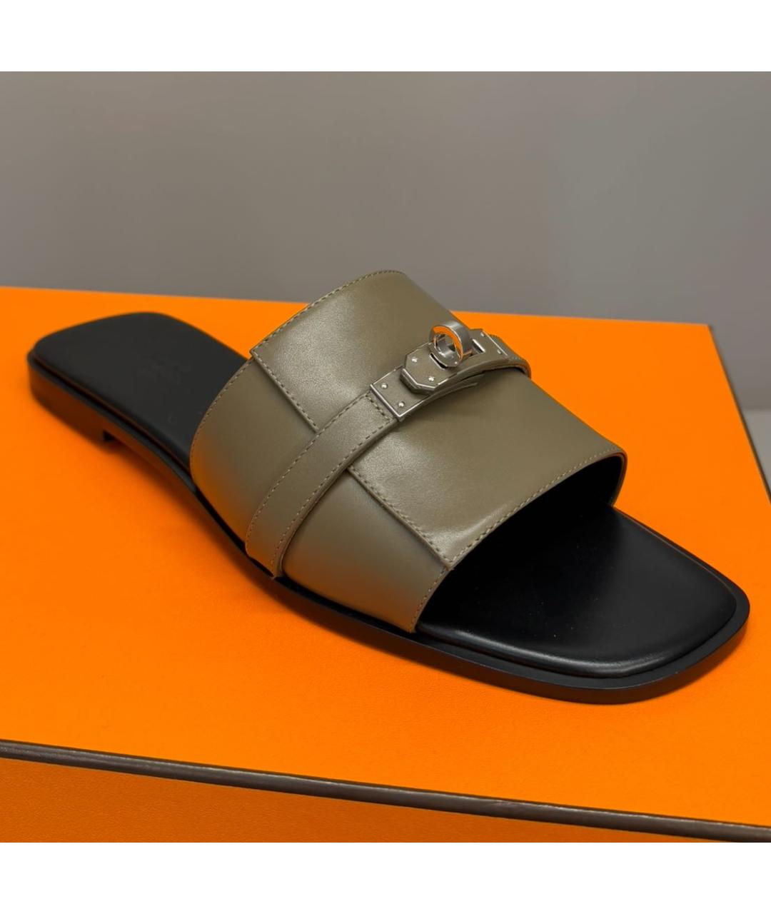 HERMES Хаки кожаные шлепанцы, фото 6