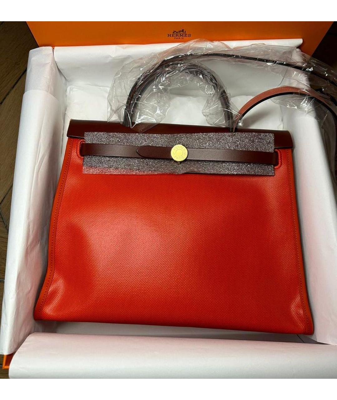 HERMES Оранжевая тканевая сумка с короткими ручками, фото 2