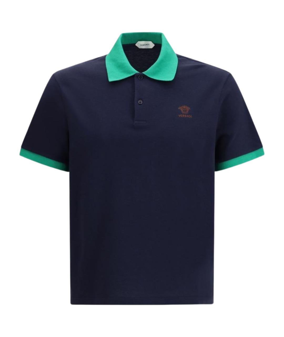 VERSACE Темно-синее хлопковое поло с коротким рукавом, фото 1