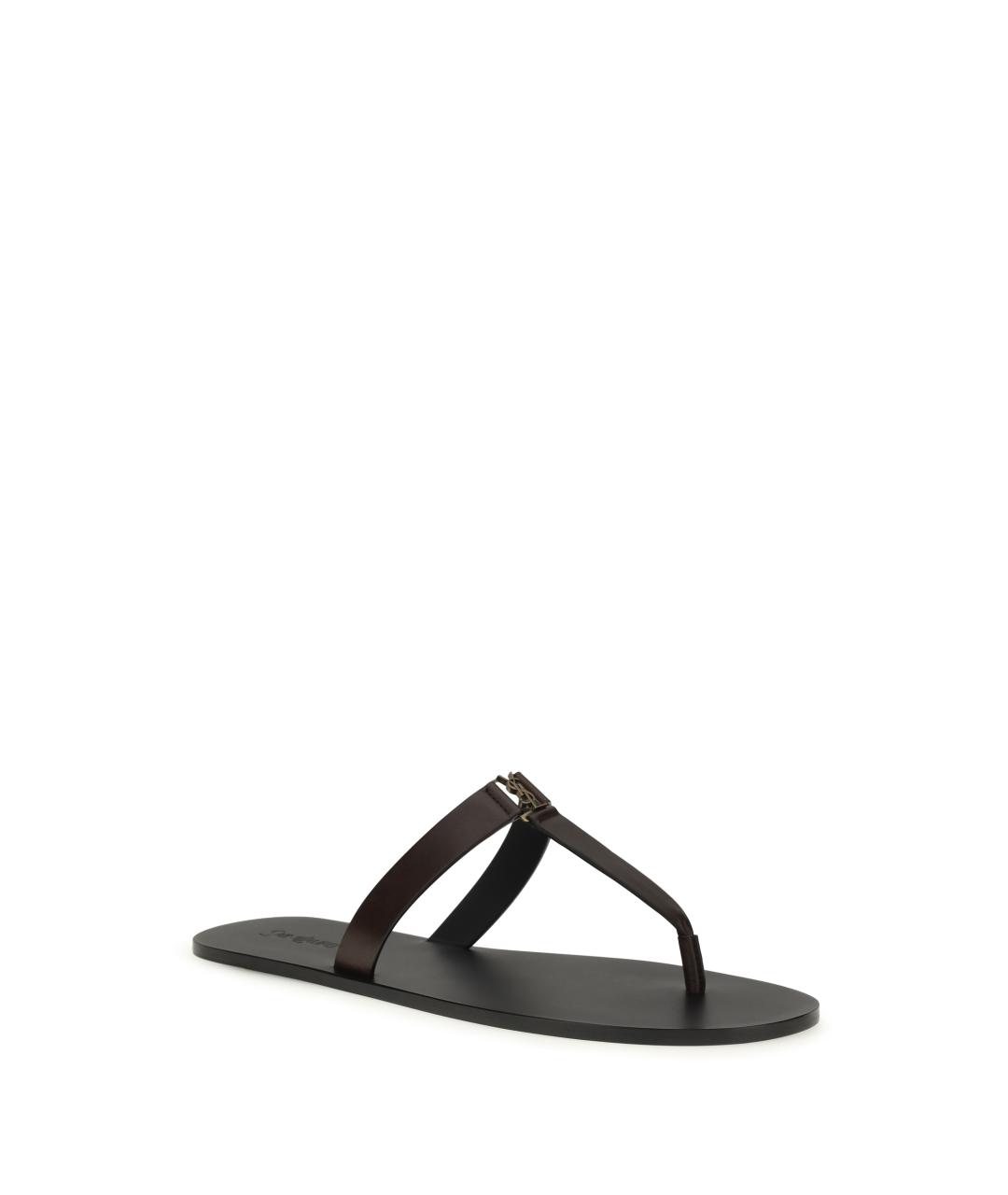 SAINT LAURENT Коричневые кожаные шлепанцы, фото 2