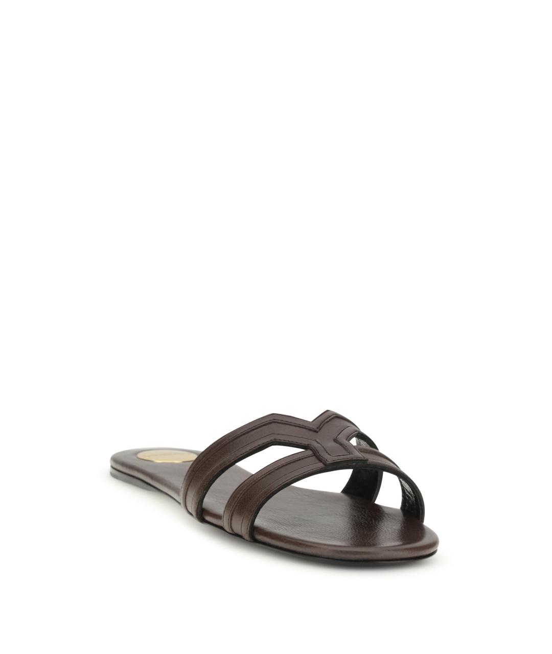 SAINT LAURENT Коричневые кожаные шлепанцы, фото 2
