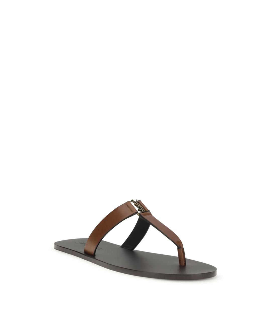 SAINT LAURENT Коричневые кожаные шлепанцы, фото 2