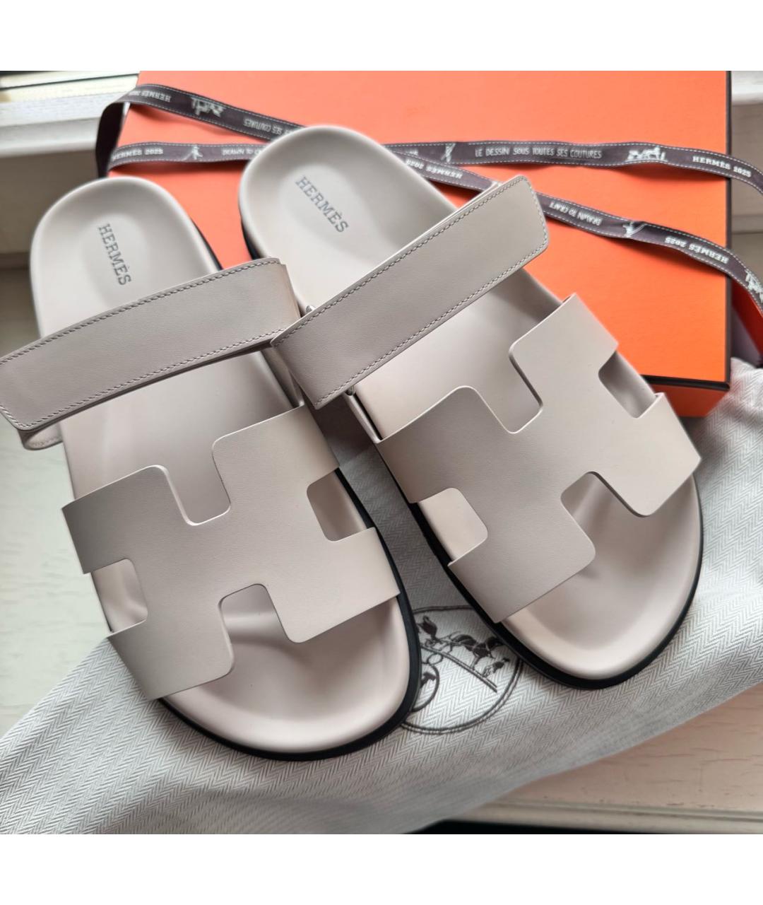 HERMES Бежевые кожаные шлепанцы, фото 3