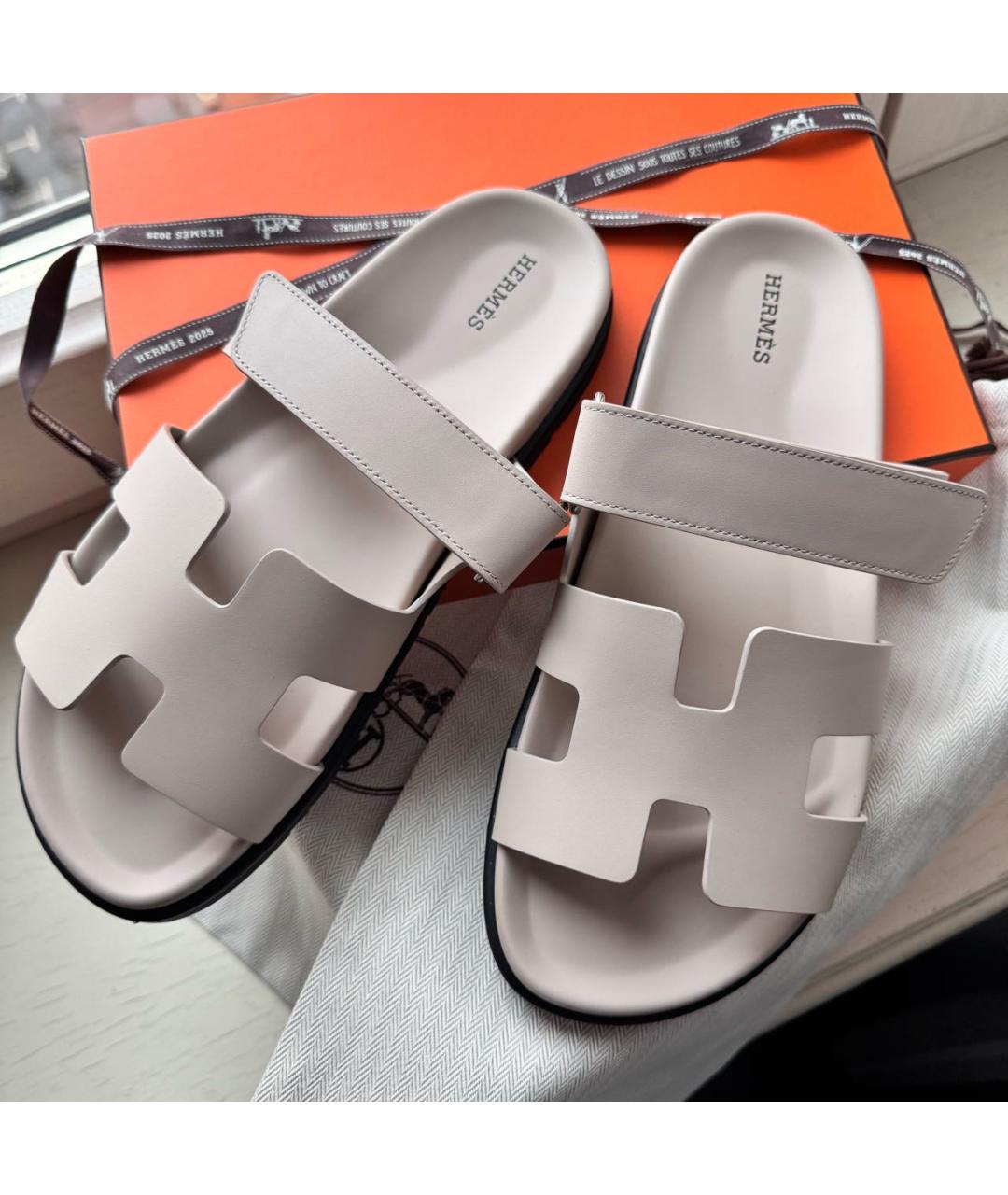 HERMES Бежевые кожаные шлепанцы, фото 2