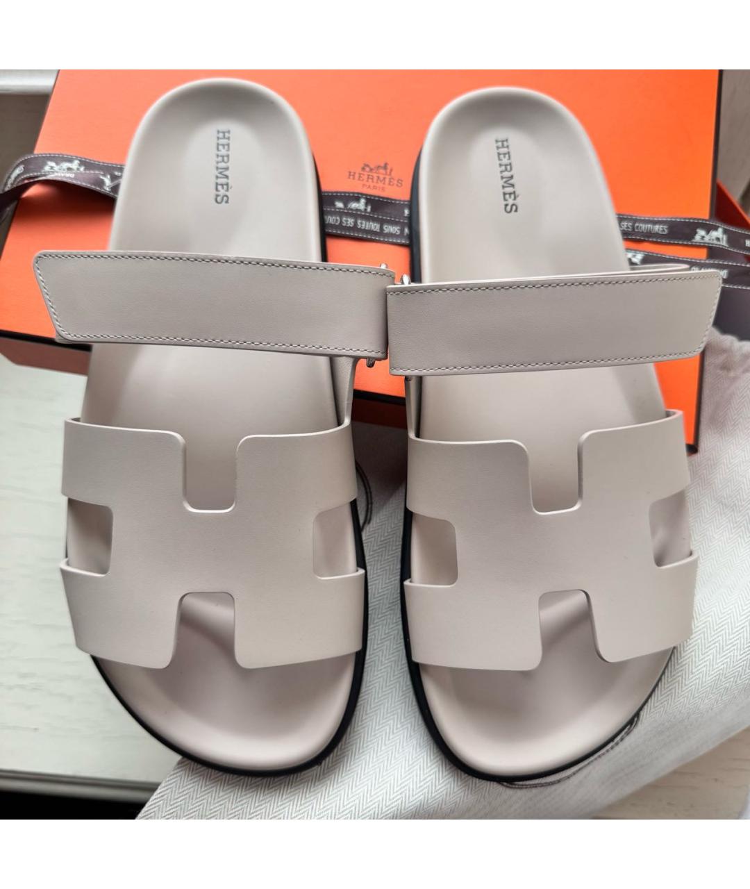 HERMES Бежевые кожаные шлепанцы, фото 5