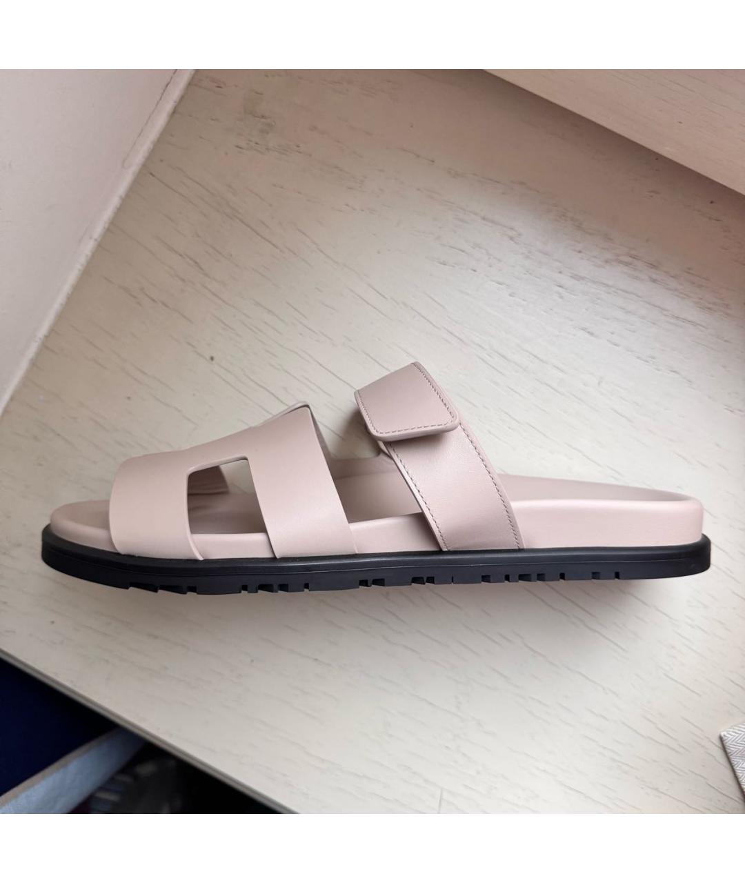 HERMES Бежевые кожаные шлепанцы, фото 6