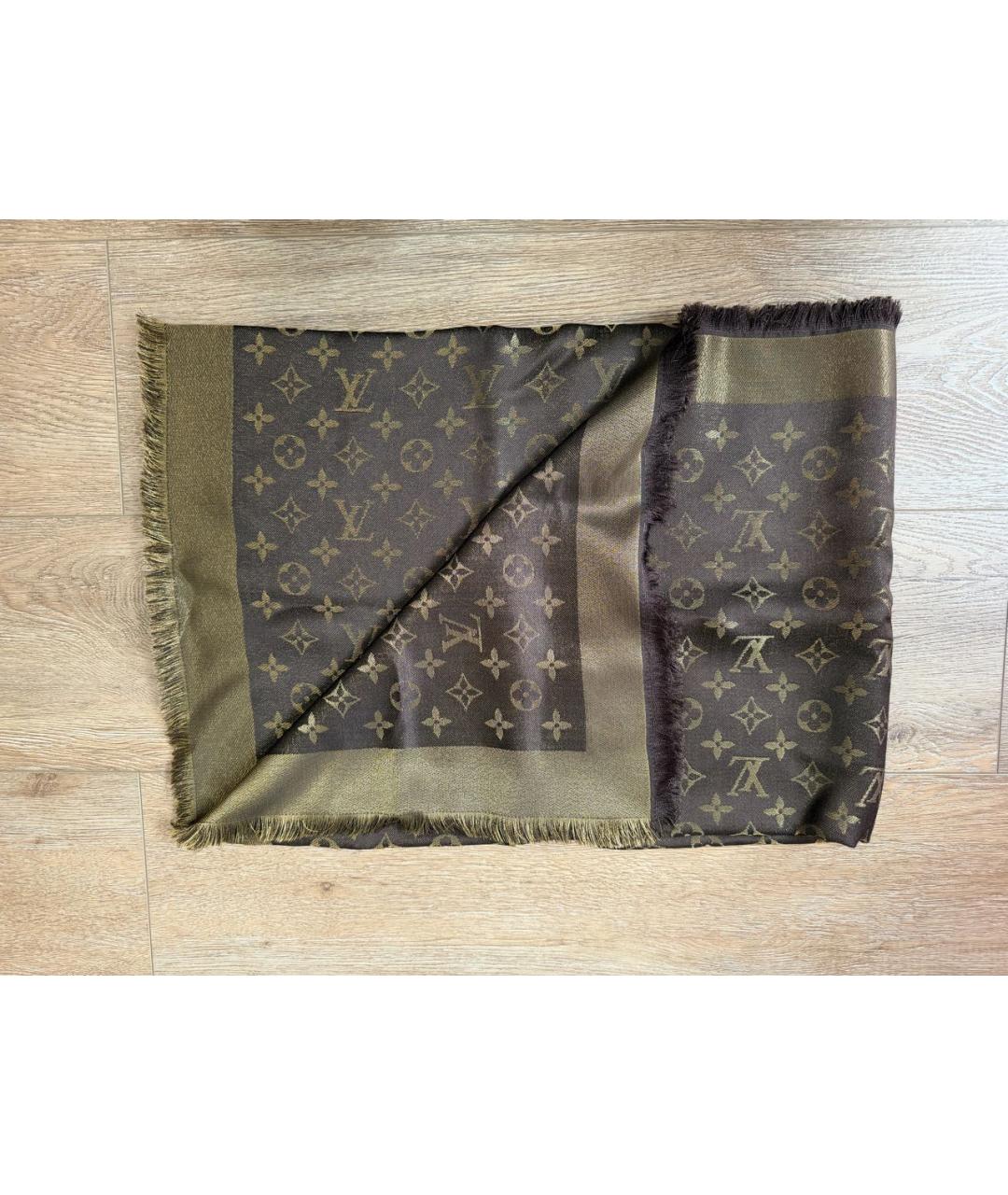 LOUIS VUITTON Коричневый шелковый шарф, фото 4