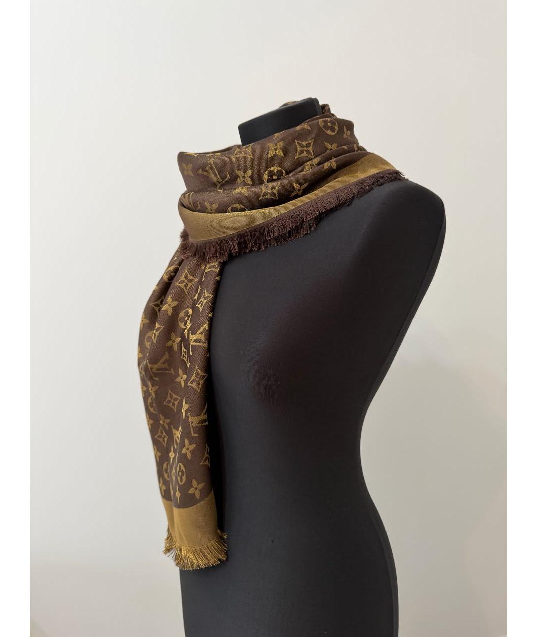 LOUIS VUITTON Коричневый шелковый шарф, фото 9