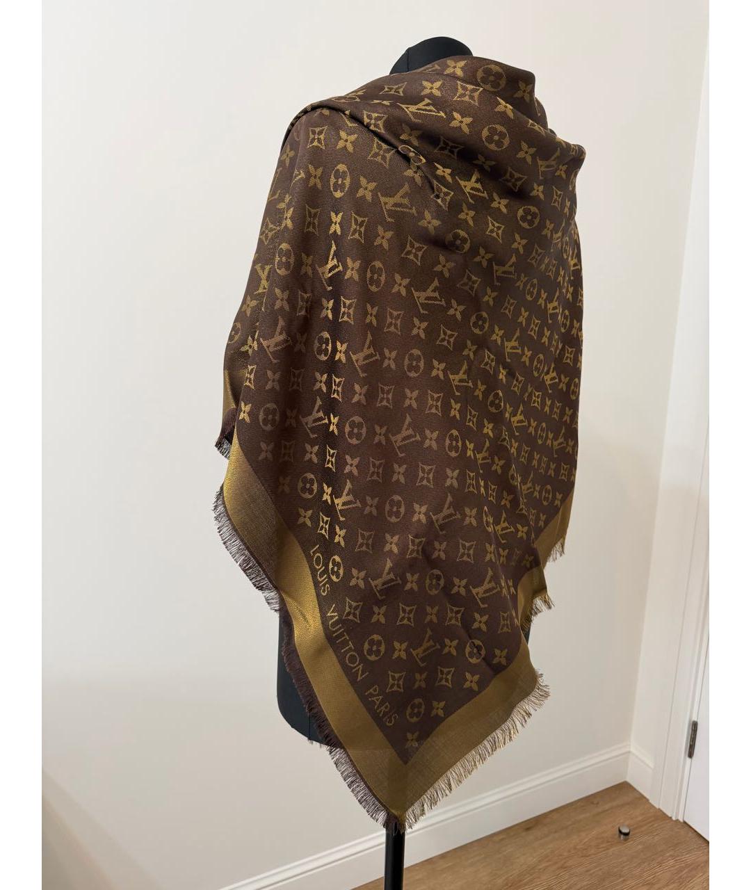 LOUIS VUITTON Коричневый шелковый шарф, фото 8