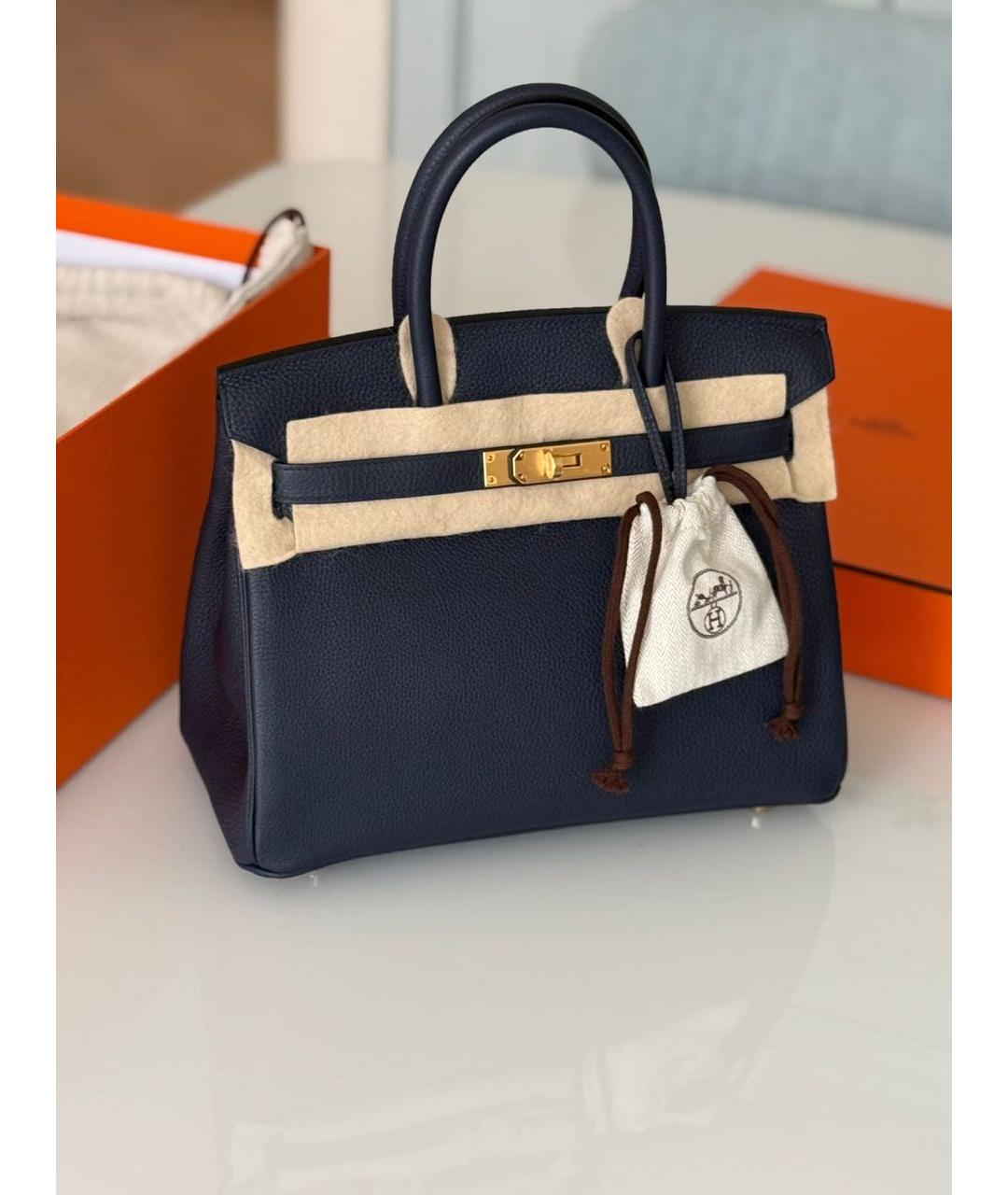 HERMES Темно-синяя кожаная сумка с короткими ручками, фото 3