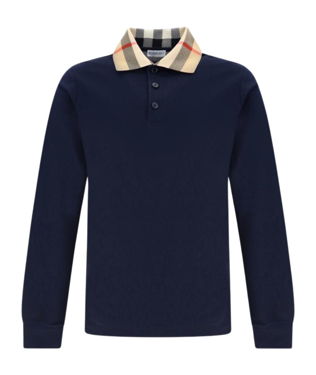 BURBERRY Темно-синее хлопковое поло с длинным рукавом, фото 1