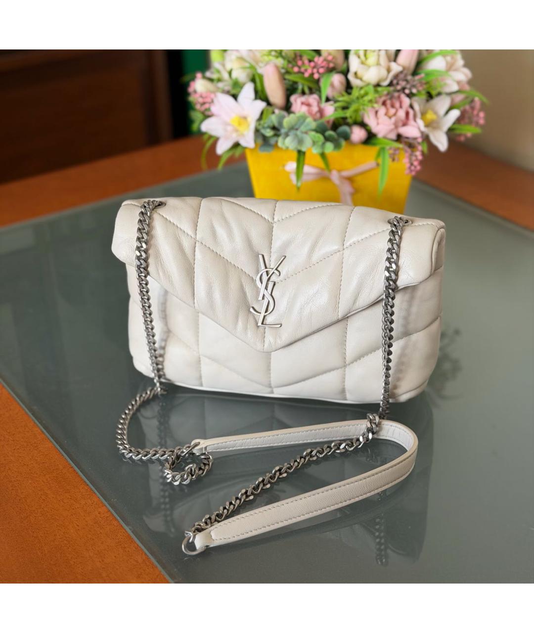 SAINT LAURENT Белая кожаная сумка через плечо, фото 2
