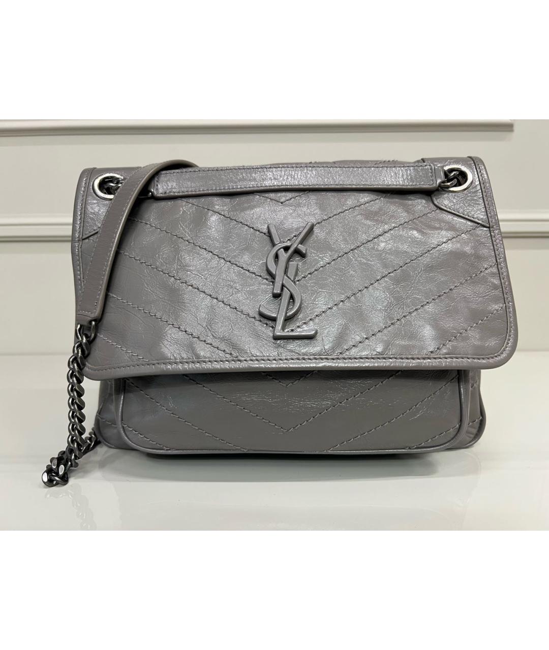 SAINT LAURENT Серая кожаная сумка через плечо, фото 9