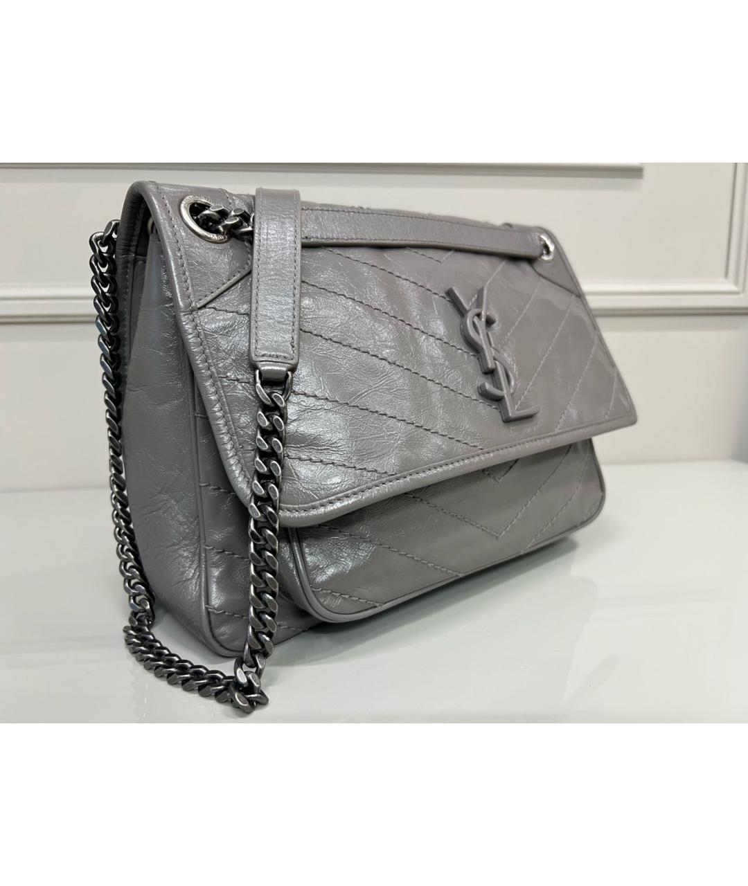 SAINT LAURENT Серая кожаная сумка через плечо, фото 2