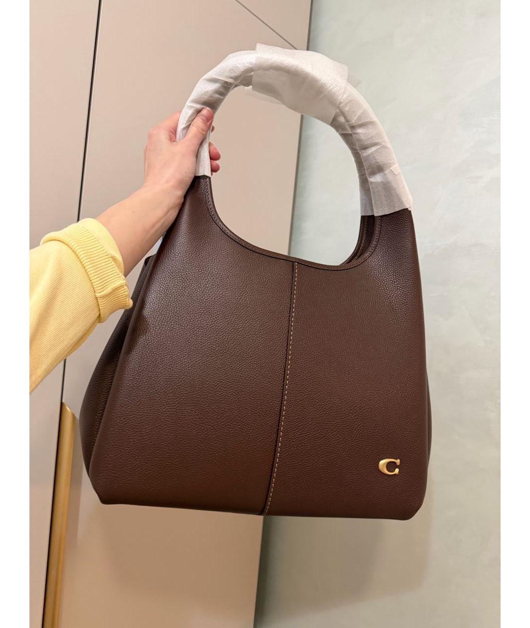 COACH Коричневая кожаная сумка с короткими ручками, фото 6