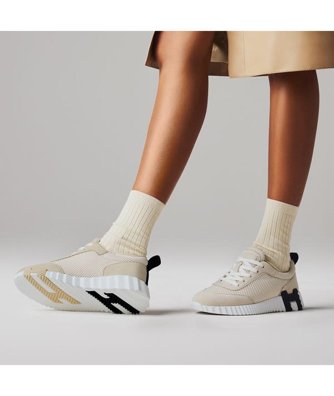 HERMES Бежевые текстильные кроссовки, фото 6