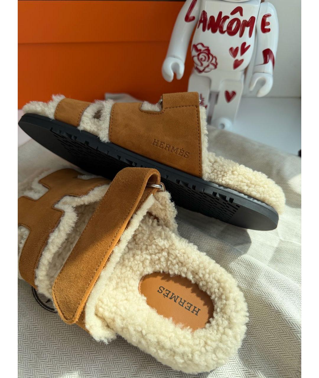 HERMES Коричневые замшевые шлепанцы, фото 5