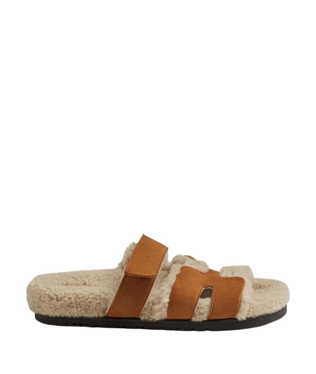 HERMES Коричневые замшевые шлепанцы, фото 1