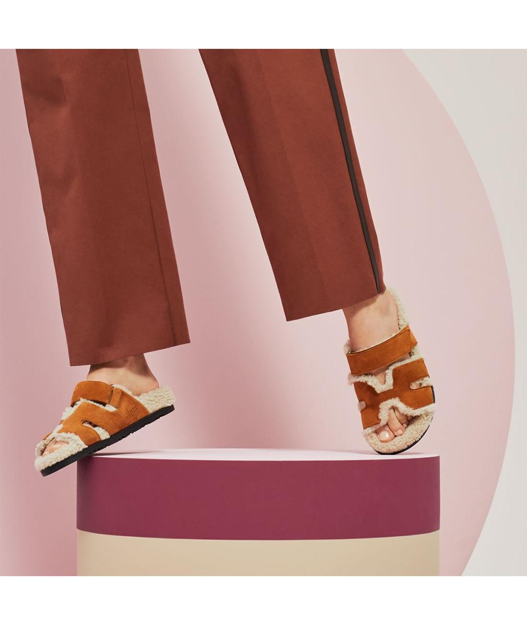 HERMES Коричневые замшевые шлепанцы, фото 6
