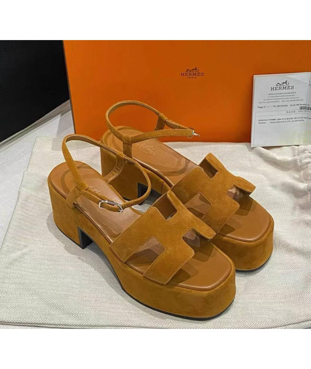 HERMES Коричневые замшевые босоножки, фото 1