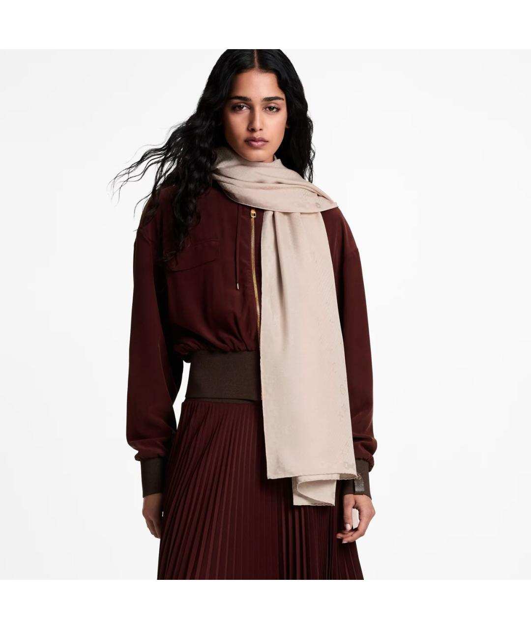 LOUIS VUITTON Бежевый шелковый шарф, фото 7