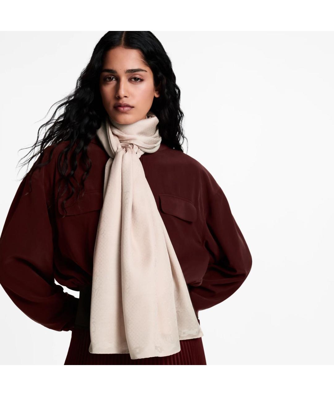 LOUIS VUITTON Бежевый шелковый шарф, фото 8