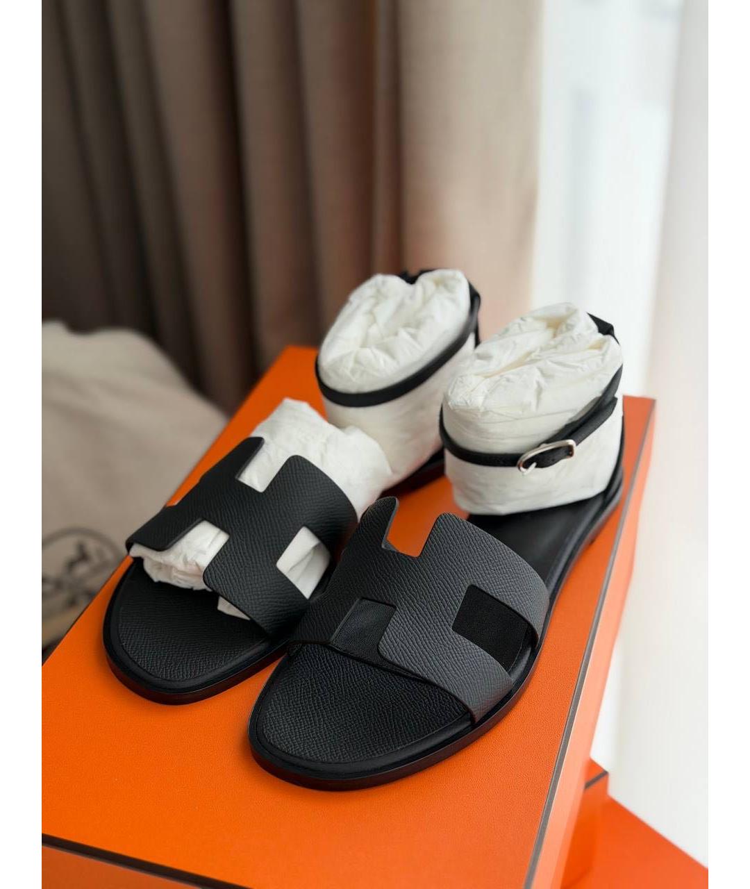 HERMES Черные кожаные сандалии, фото 2