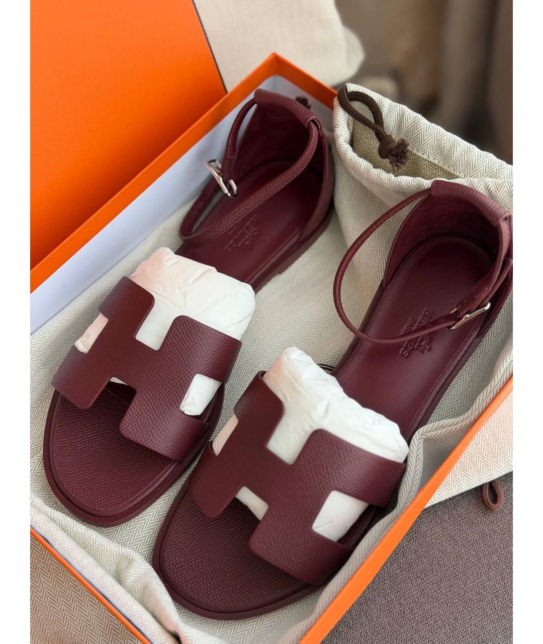 HERMES Бордовые кожаные сандалии, фото 3