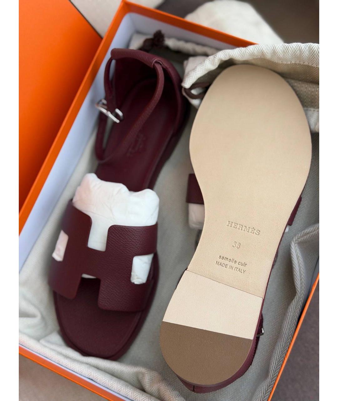 HERMES Бордовые кожаные сандалии, фото 4