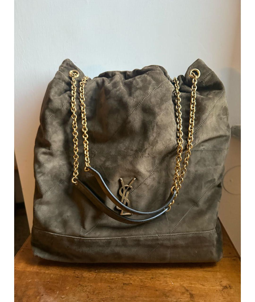 SAINT LAURENT Хаки замшевая сумка тоут, фото 2