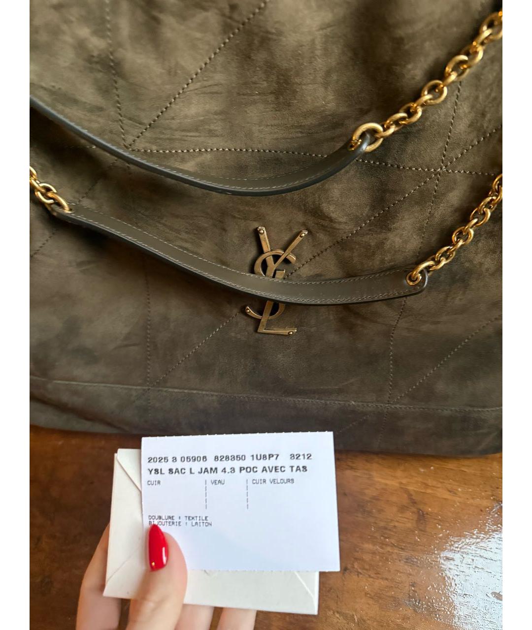 SAINT LAURENT Хаки замшевая сумка тоут, фото 3