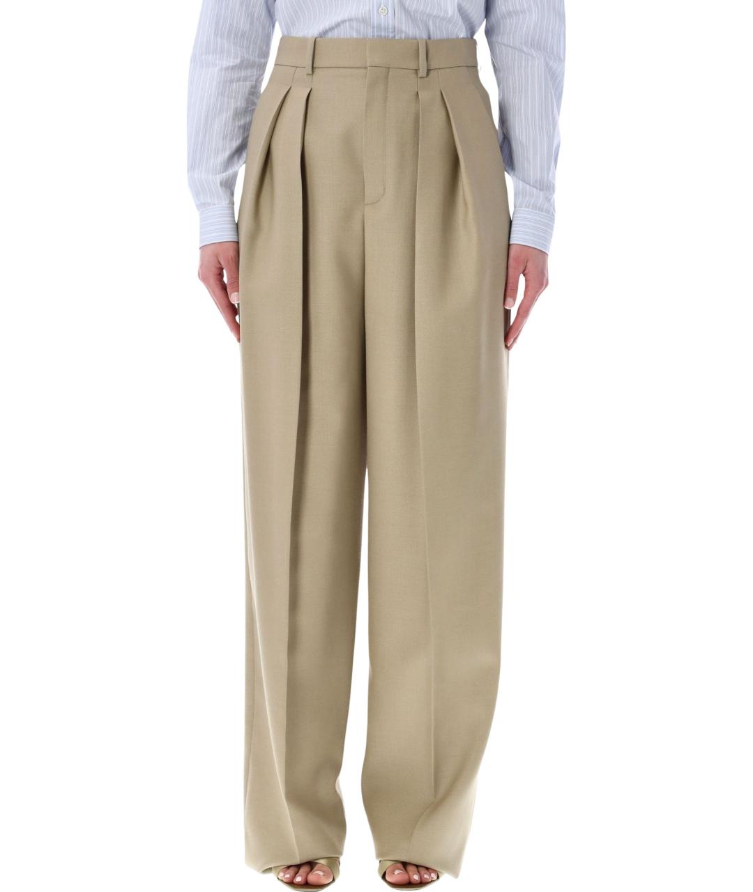 SAINT LAURENT Бежевые шерстяные прямые брюки, фото 1