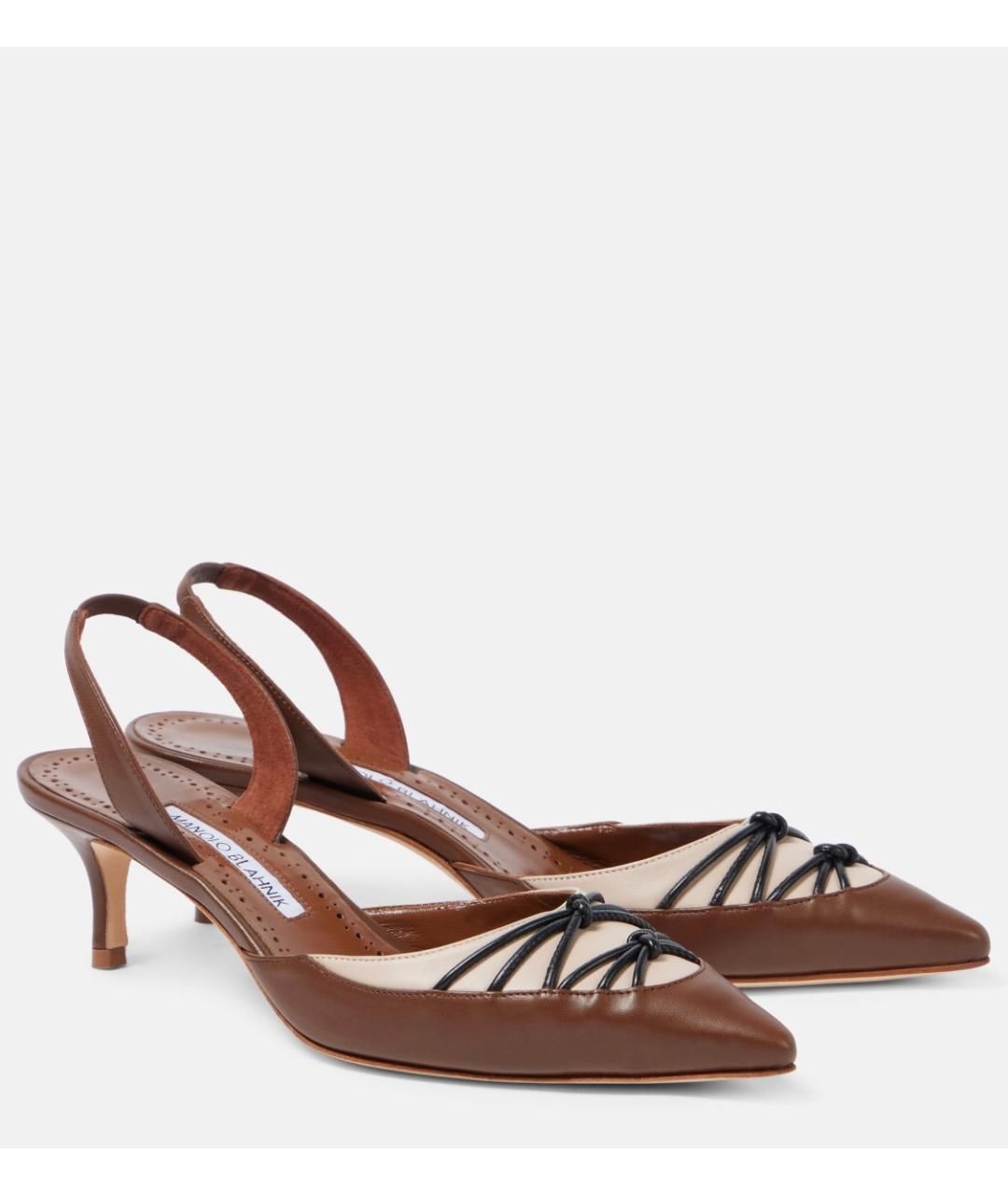 MANOLO BLAHNIK Коричневые кожаные лодочки на низком каблуке, фото 2