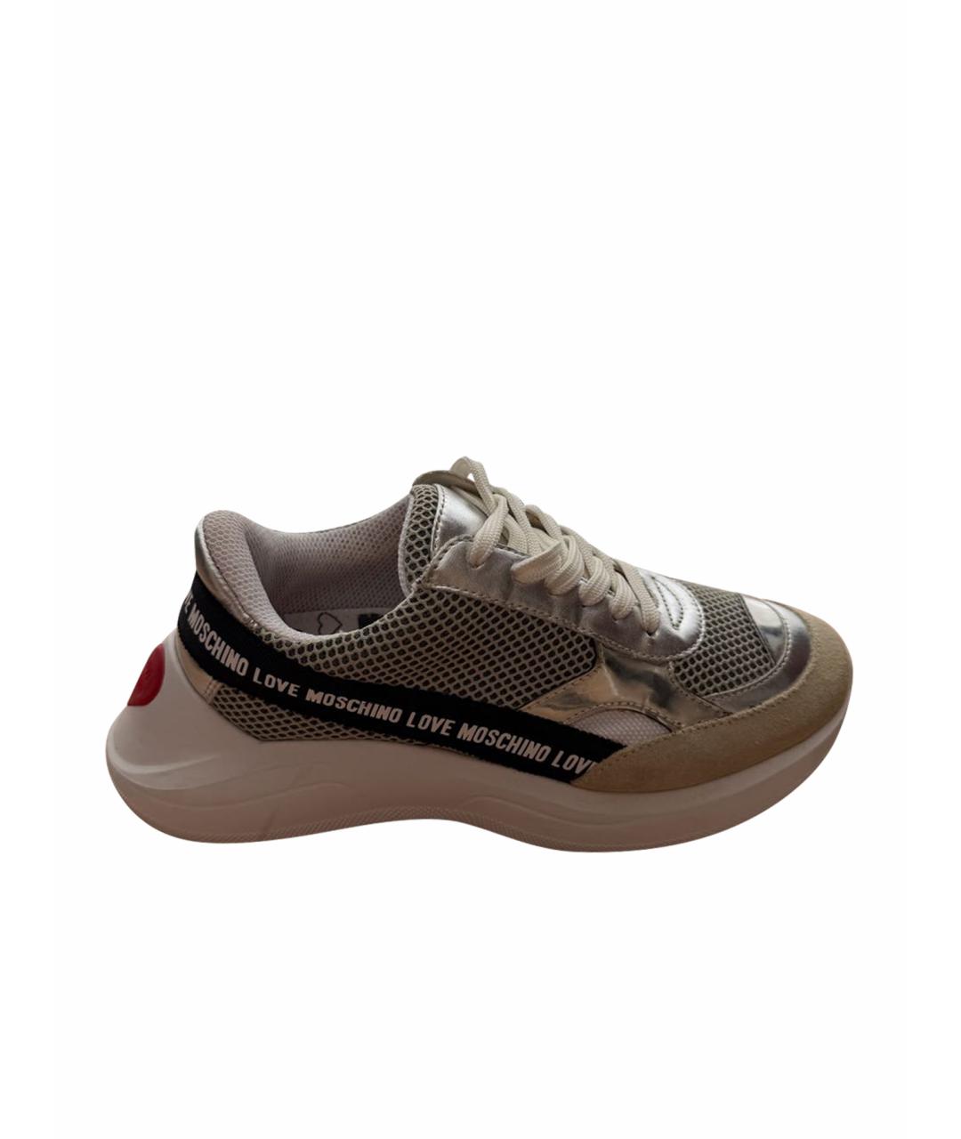 LOVE MOSCHINO Серебряные кожаные кроссовки, фото 1